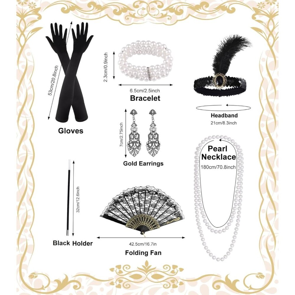 1920s Flapper Accessories Set Feather Headband Long Gloves Earrings Necklace - Picture 2 of 6